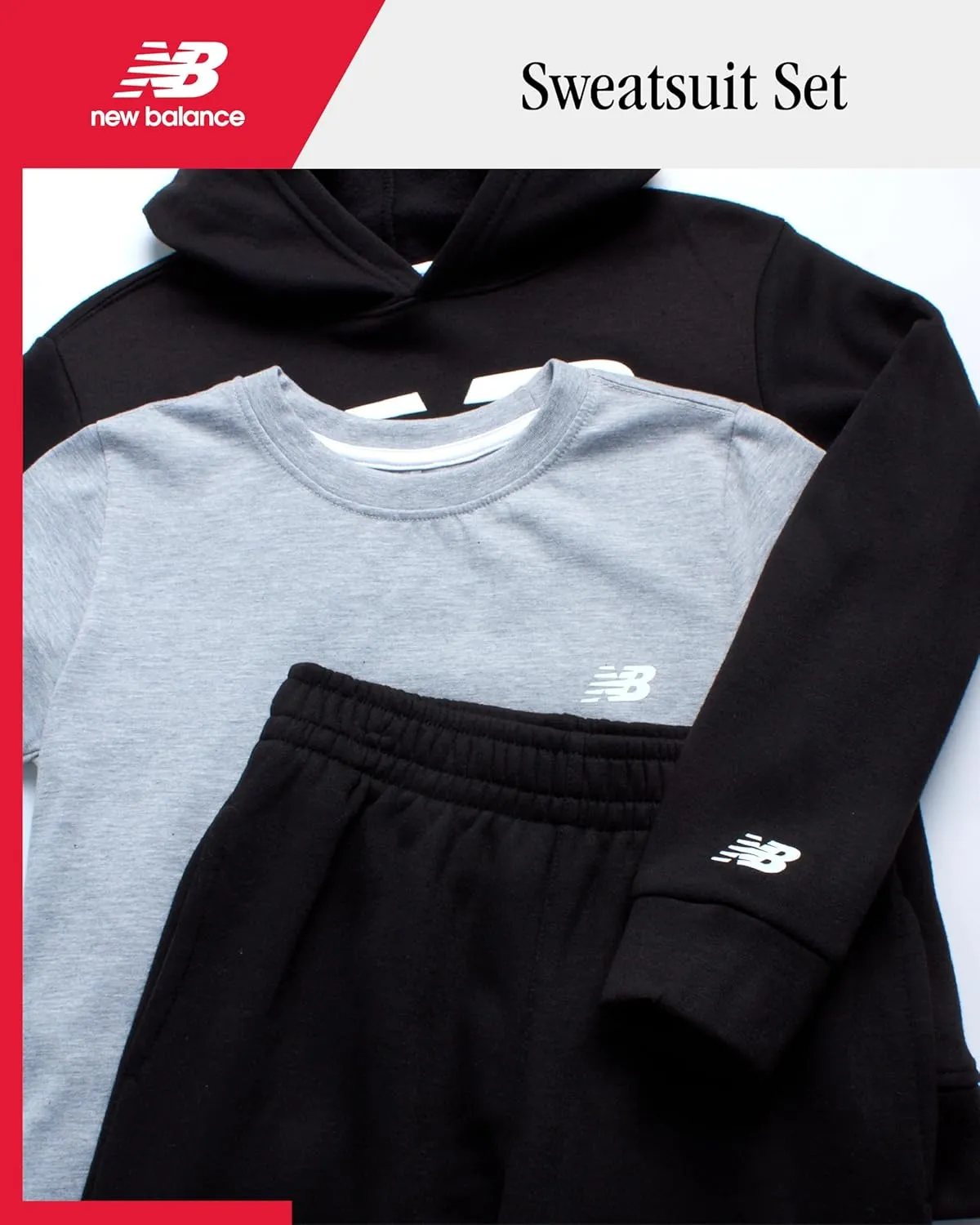 New Balance Boys' Sweatsuit Set - 3 Piece Short Sleeve T-Shirt, Fleece Hoodie Sweatshirt, and Sweatpants (2T-16)