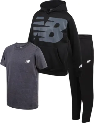 New Balance Boys' Sweatsuit Set - 3 Piece Short Sleeve T-Shirt, Fleece Hoodie Sweatshirt, and Sweatpants (2T-16)