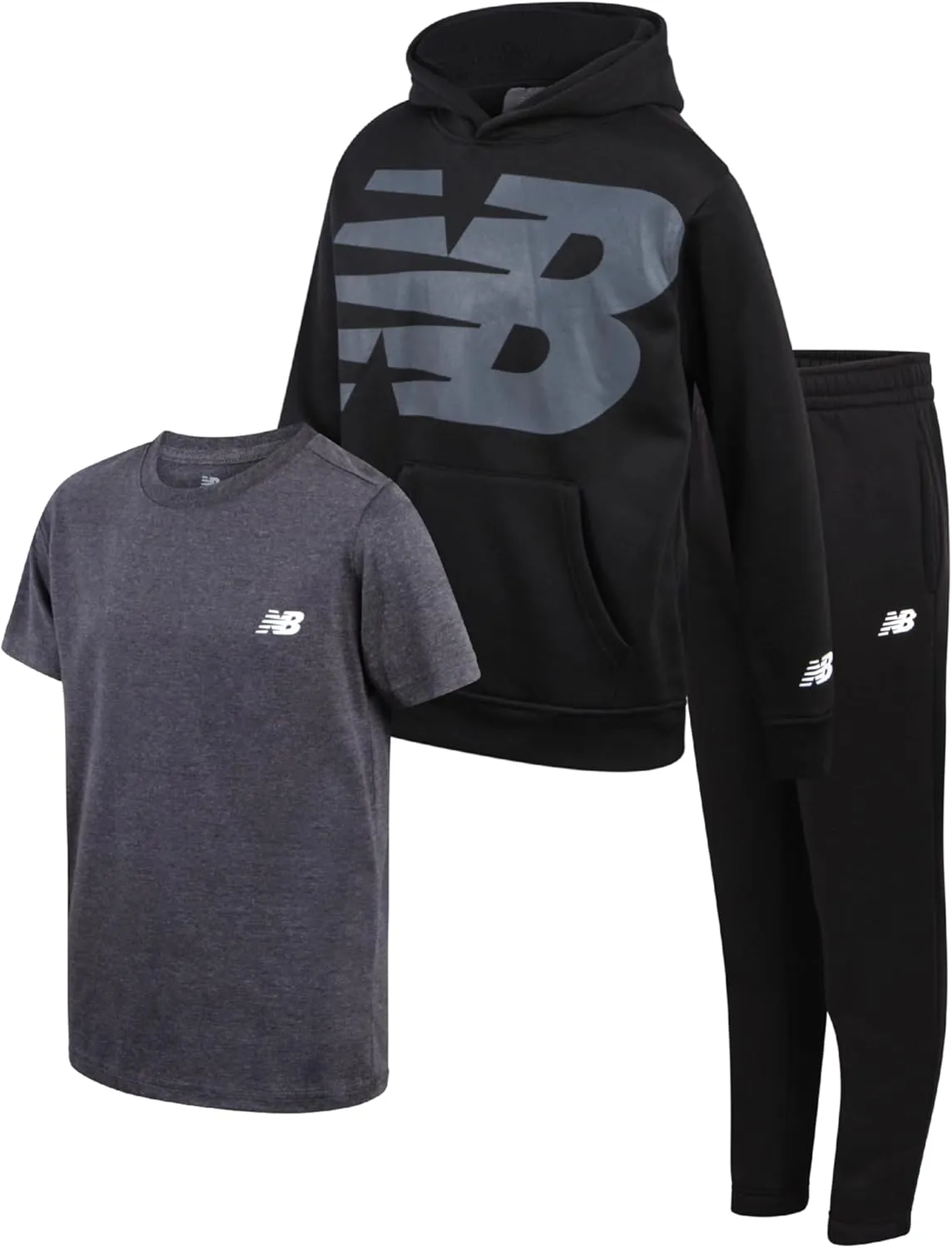 New Balance Boys' Sweatsuit Set - 3 Piece Short Sleeve T-Shirt, Fleece Hoodie Sweatshirt, and Sweatpants (2T-16)