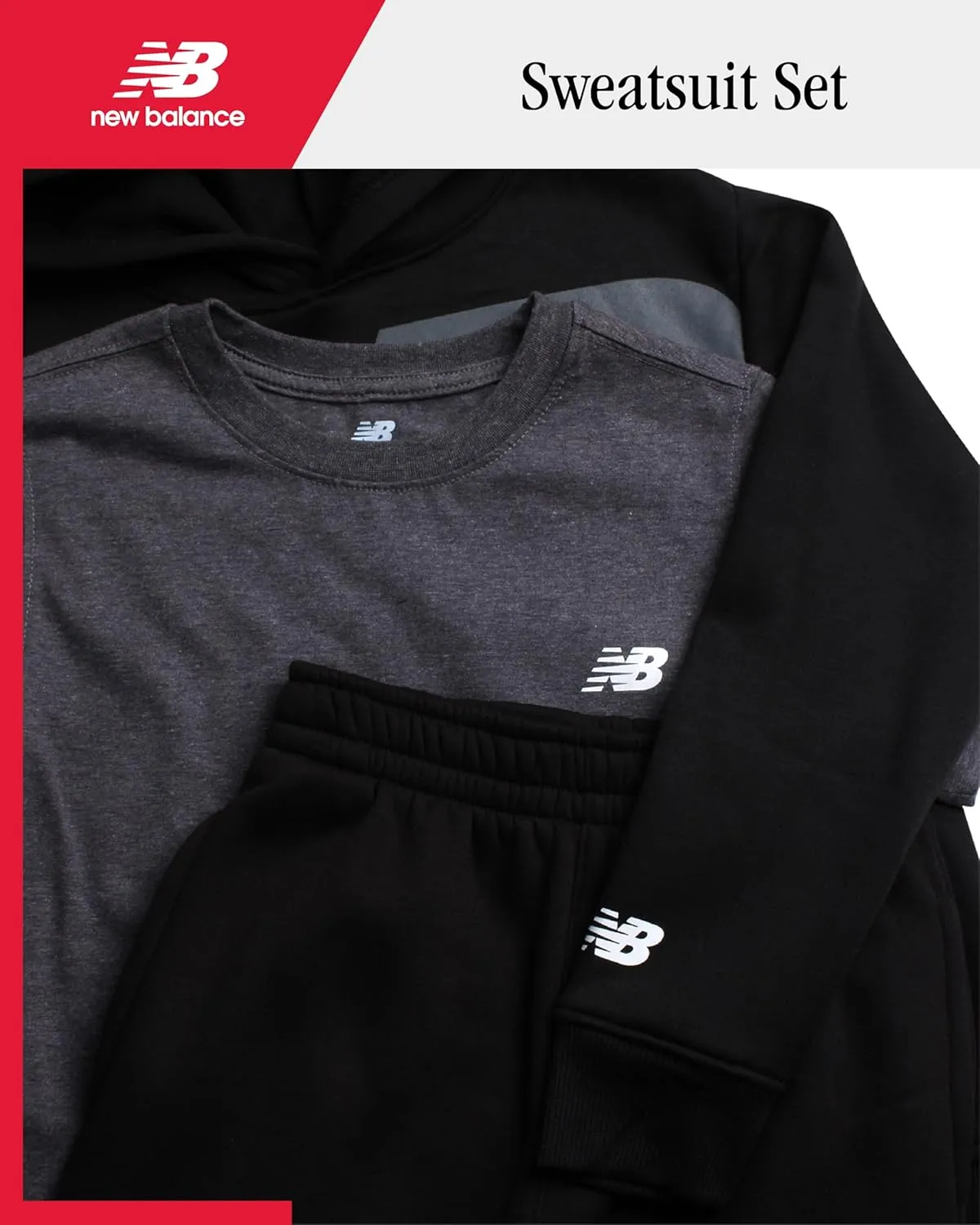 New Balance Boys' Sweatsuit Set - 3 Piece Short Sleeve T-Shirt, Fleece Hoodie Sweatshirt, and Sweatpants (2T-16)