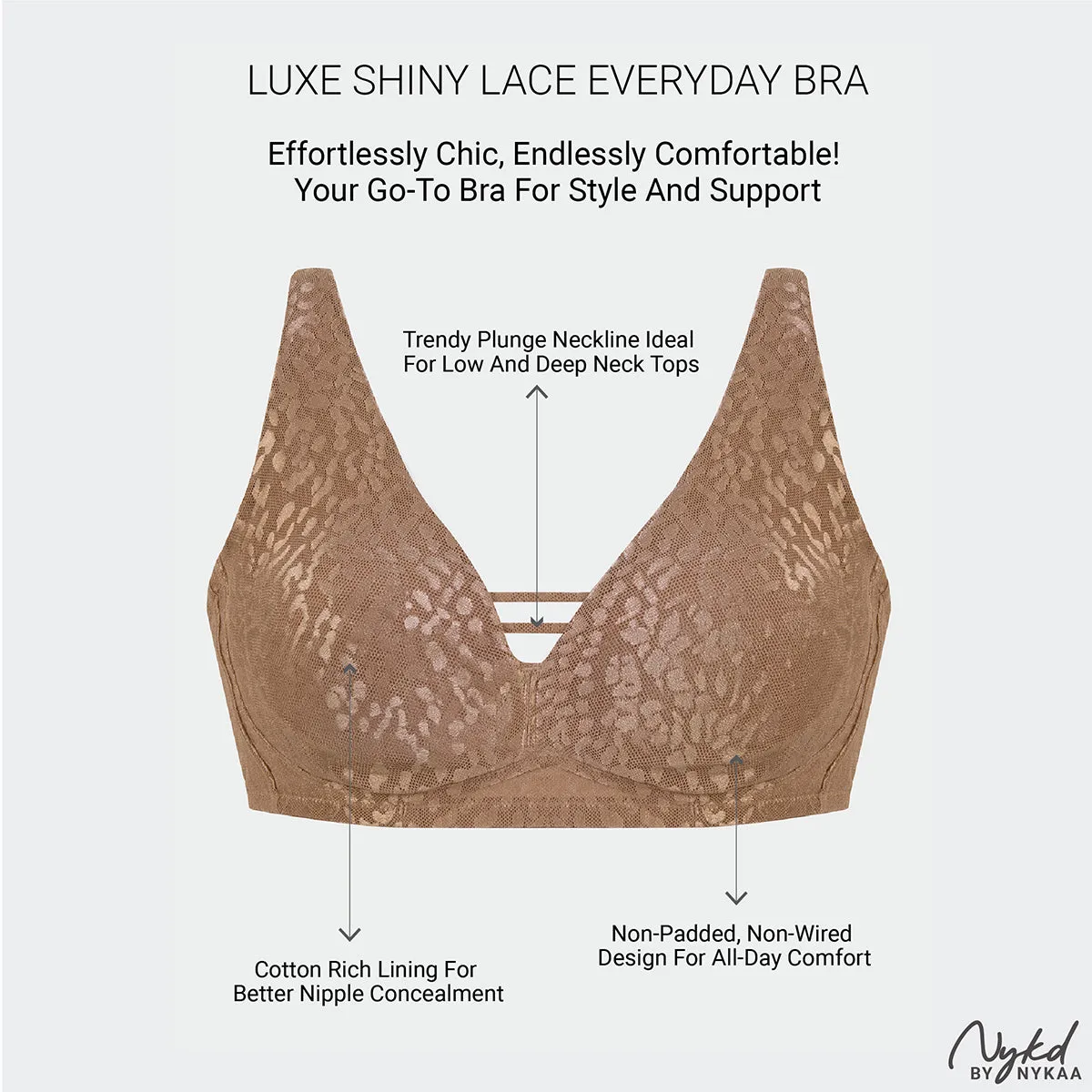 Nykd By Nykaa Luxe Shiny Lace Everyday Padded Non-Wired Bra NYB038 Cocoa