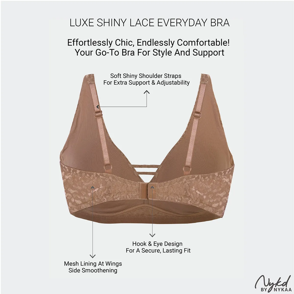 Nykd By Nykaa Luxe Shiny Lace Everyday Padded Non-Wired Bra NYB038 Cocoa