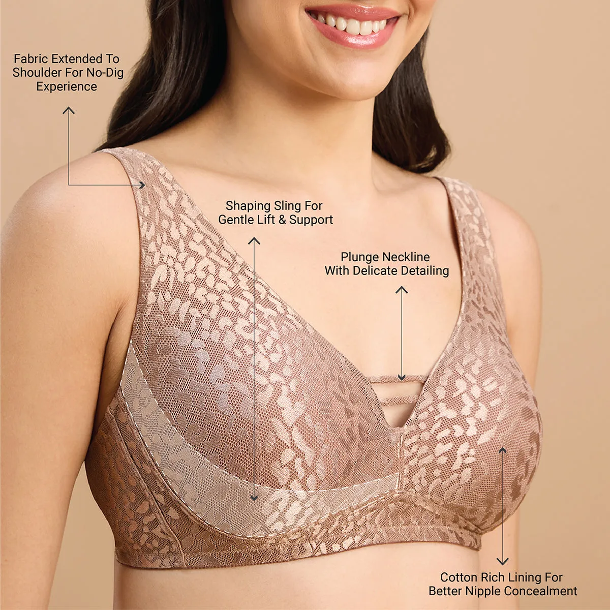 Nykd By Nykaa Luxe Shiny Lace Everyday Padded Non-Wired Bra NYB038 Cocoa