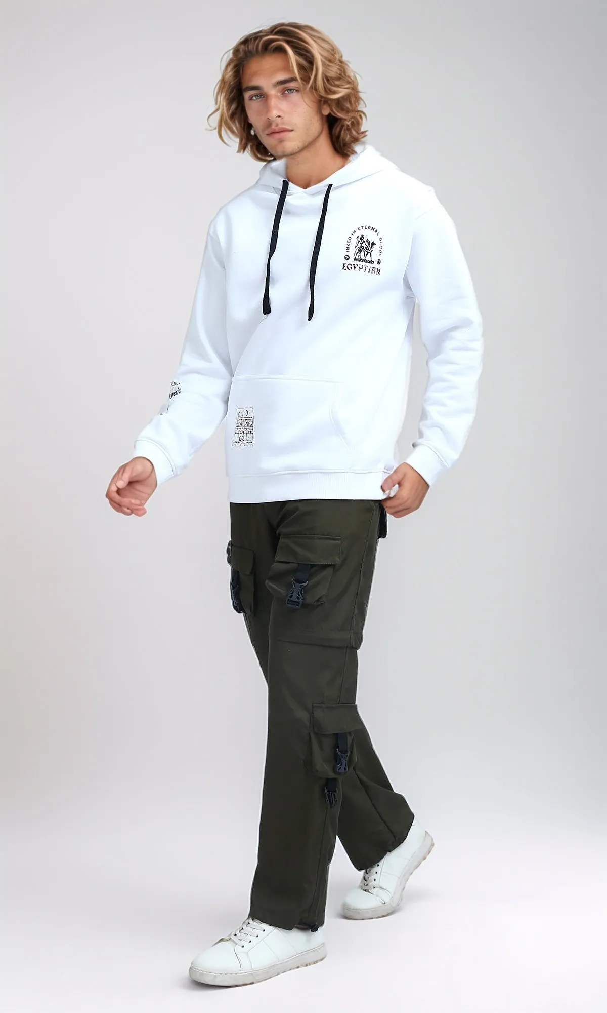 O201290 - Slip On Printed Hoodie with Kangaroo Pocket - White