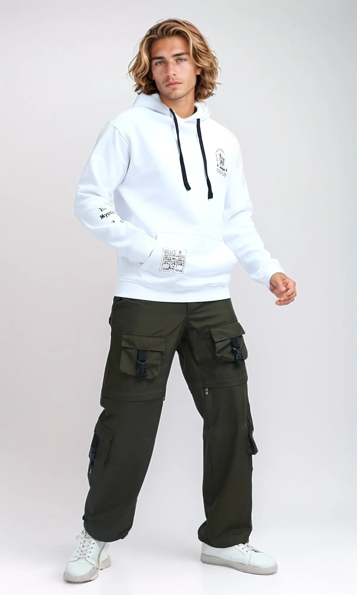O201290 - Slip On Printed Hoodie with Kangaroo Pocket - White
