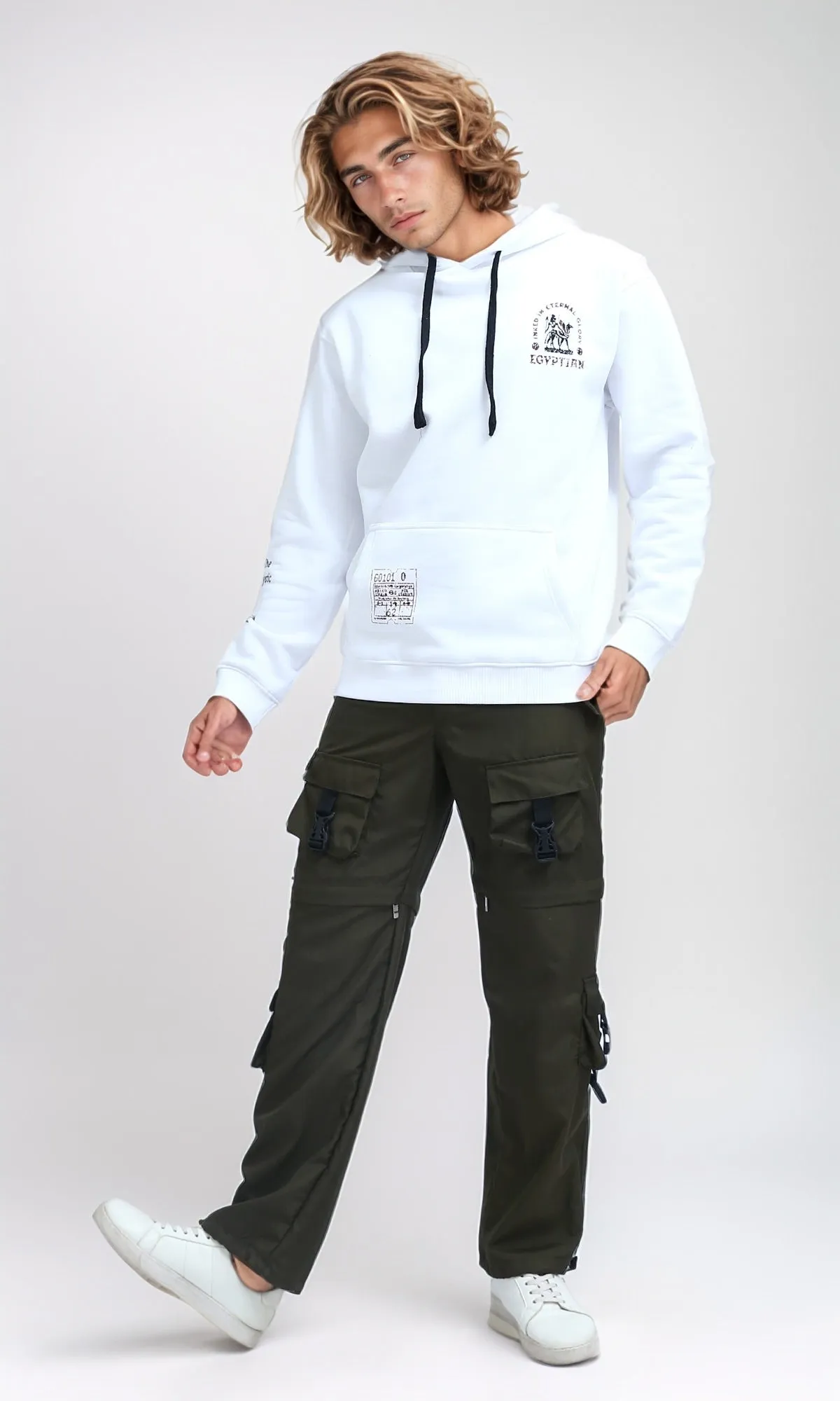 O201290 - Slip On Printed Hoodie with Kangaroo Pocket - White