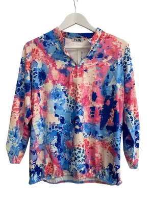 Pink and Blue Multi Print Top with Grandfather Collar