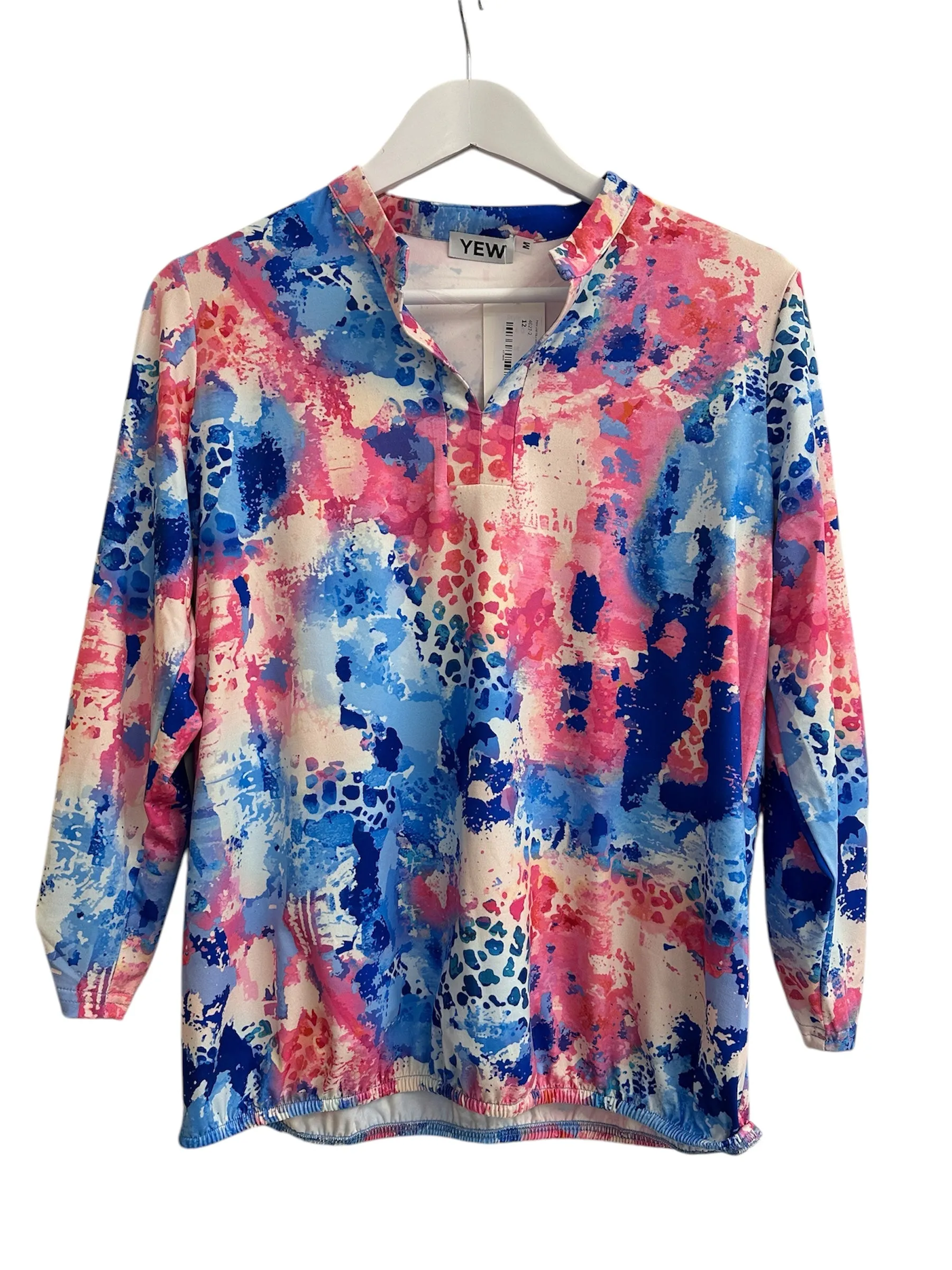Pink and Blue Multi Print Top with Grandfather Collar