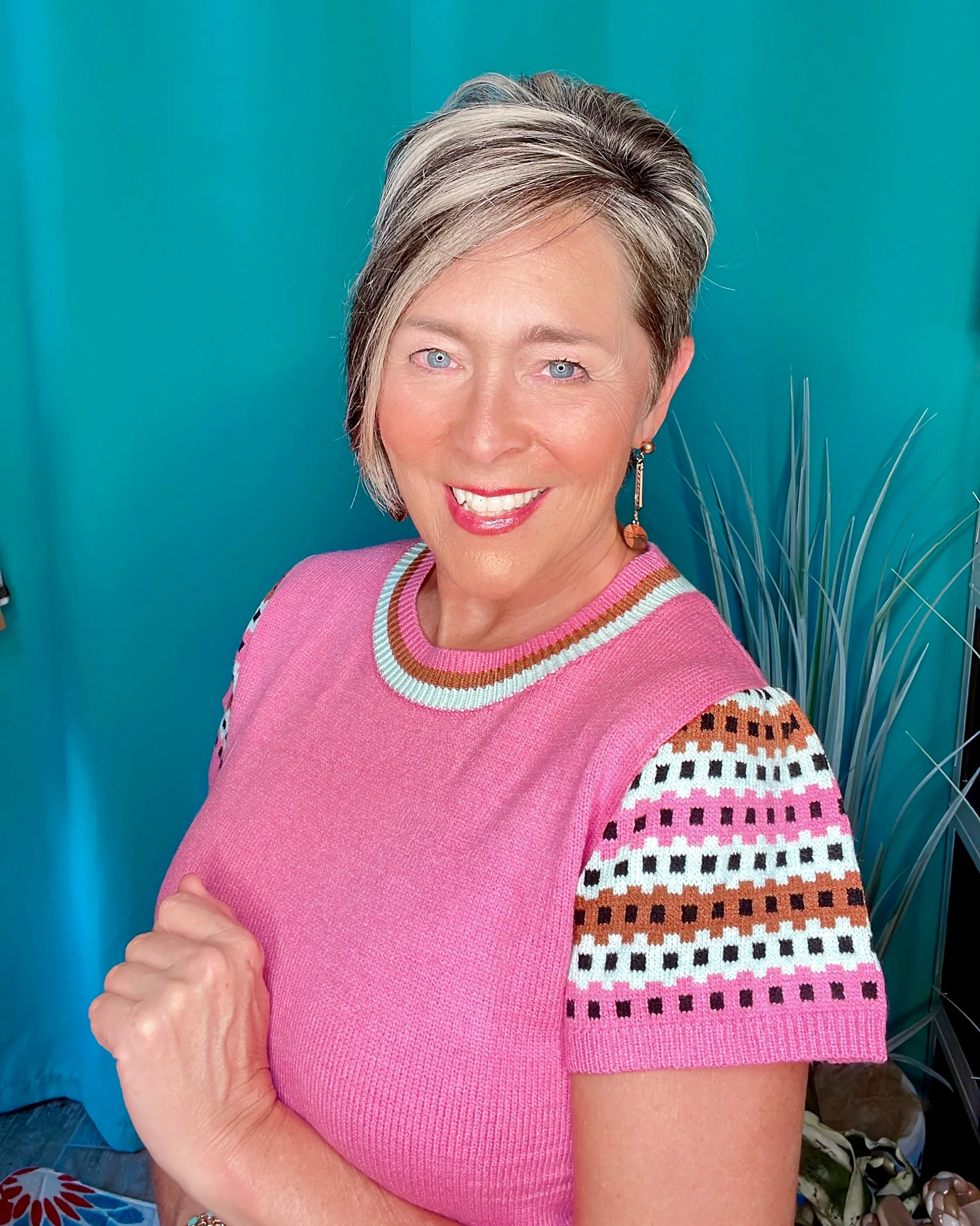 Pink Sweater Knit Short Flare Contrasting Brown Cap Sleeve Top