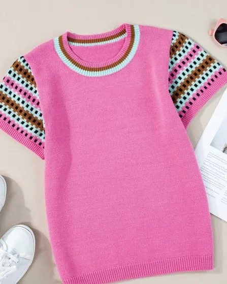 Pink Sweater Knit Short Flare Contrasting Brown Cap Sleeve Top