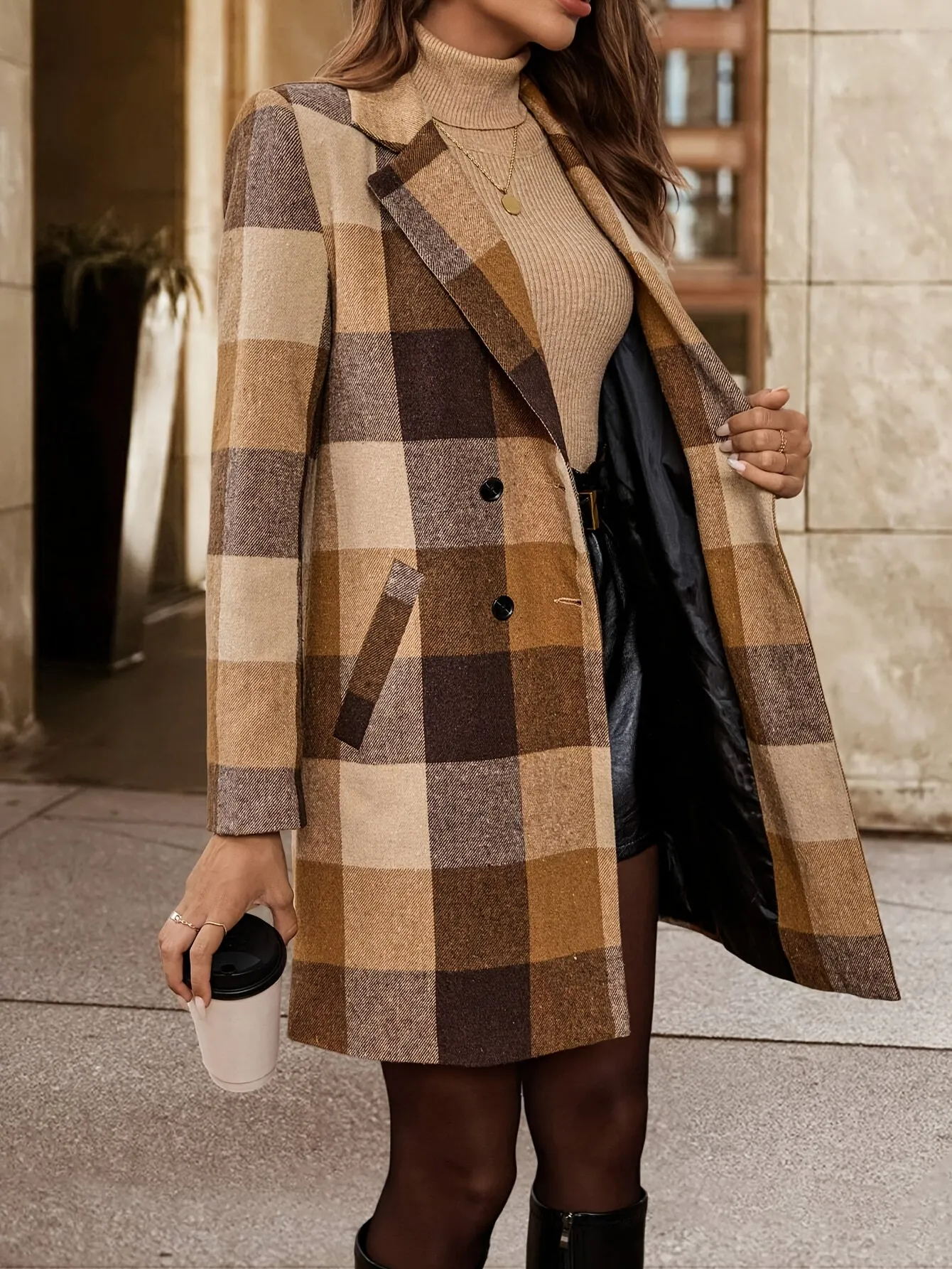 Plaid Double-breasted Longline Coat, Elegant Fall & Winter Outerwear