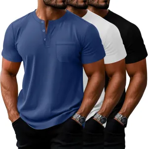 Riyiper 3 Pack Men's Big and Tall Henley T-Shirts, Short Sleeve Pocket Cotton Loose Fit Shirt Summer Oversized Button Tee