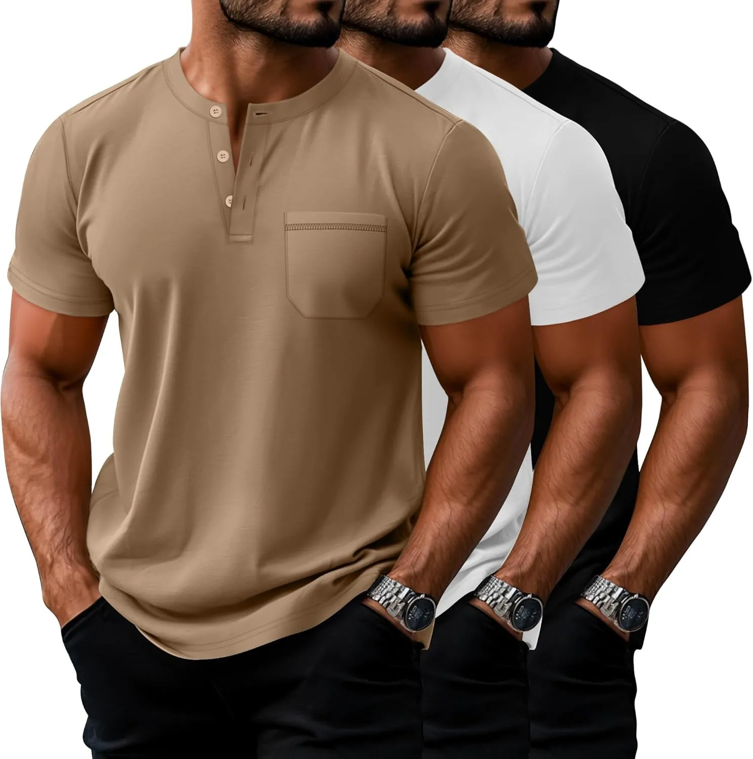 Riyiper 3 Pack Men's Big and Tall Henley T-Shirts, Short Sleeve Pocket Cotton Loose Fit Shirt Summer Oversized Button Tee