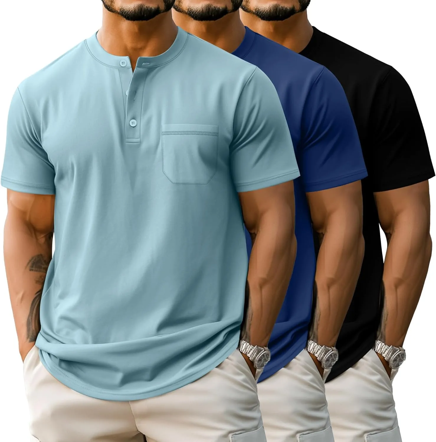 Riyiper 3 Pack Men's Big and Tall Henley T-Shirts, Short Sleeve Pocket Cotton Loose Fit Shirt Summer Oversized Button Tee
