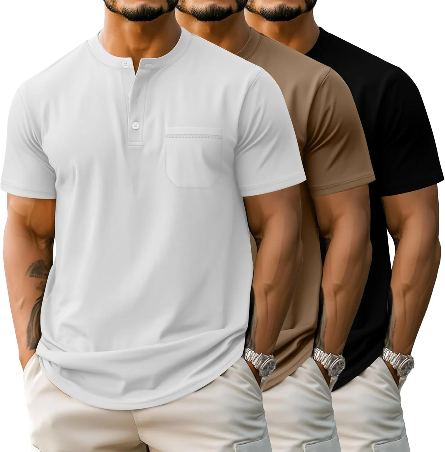 Riyiper 3 Pack Men's Big and Tall Henley T-Shirts, Short Sleeve Pocket Cotton Loose Fit Shirt Summer Oversized Button Tee