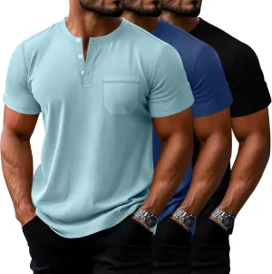 Riyiper 3 Pack Men's Big and Tall Henley T-Shirts, Short Sleeve Pocket Cotton Loose Fit Shirt Summer Oversized Button Tee