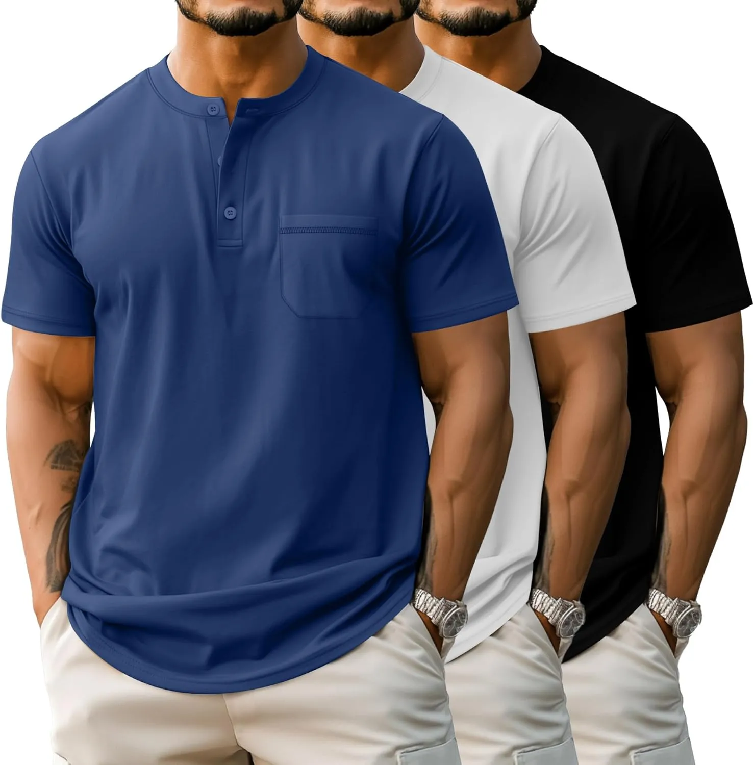 Riyiper 3 Pack Men's Big and Tall Henley T-Shirts, Short Sleeve Pocket Cotton Loose Fit Shirt Summer Oversized Button Tee