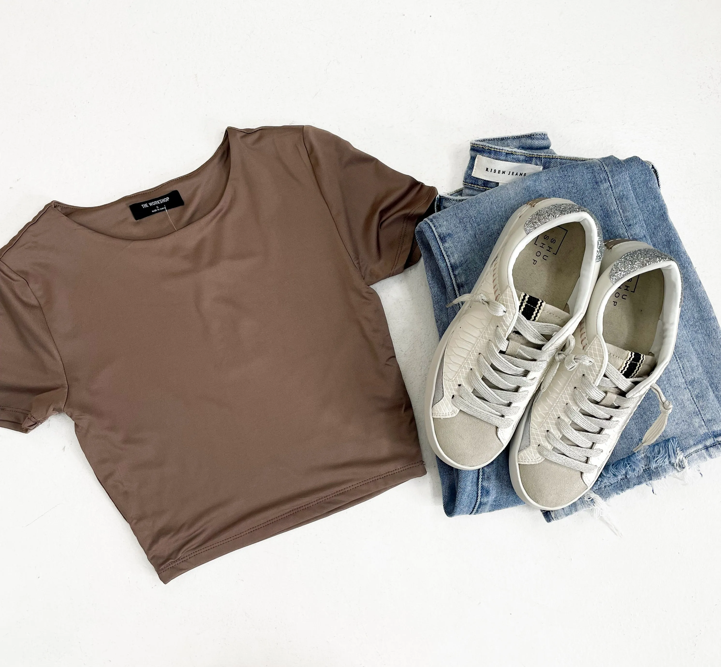 Round Neck Short Sleeve Crop Top - Deep Taupe