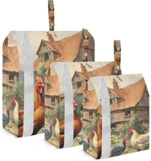 Rural Farmhouse Roosters Packing Cubes Set of 3, Lightweight Travel Luggage Organizers Foldable Bags for Easy Packing and Organization