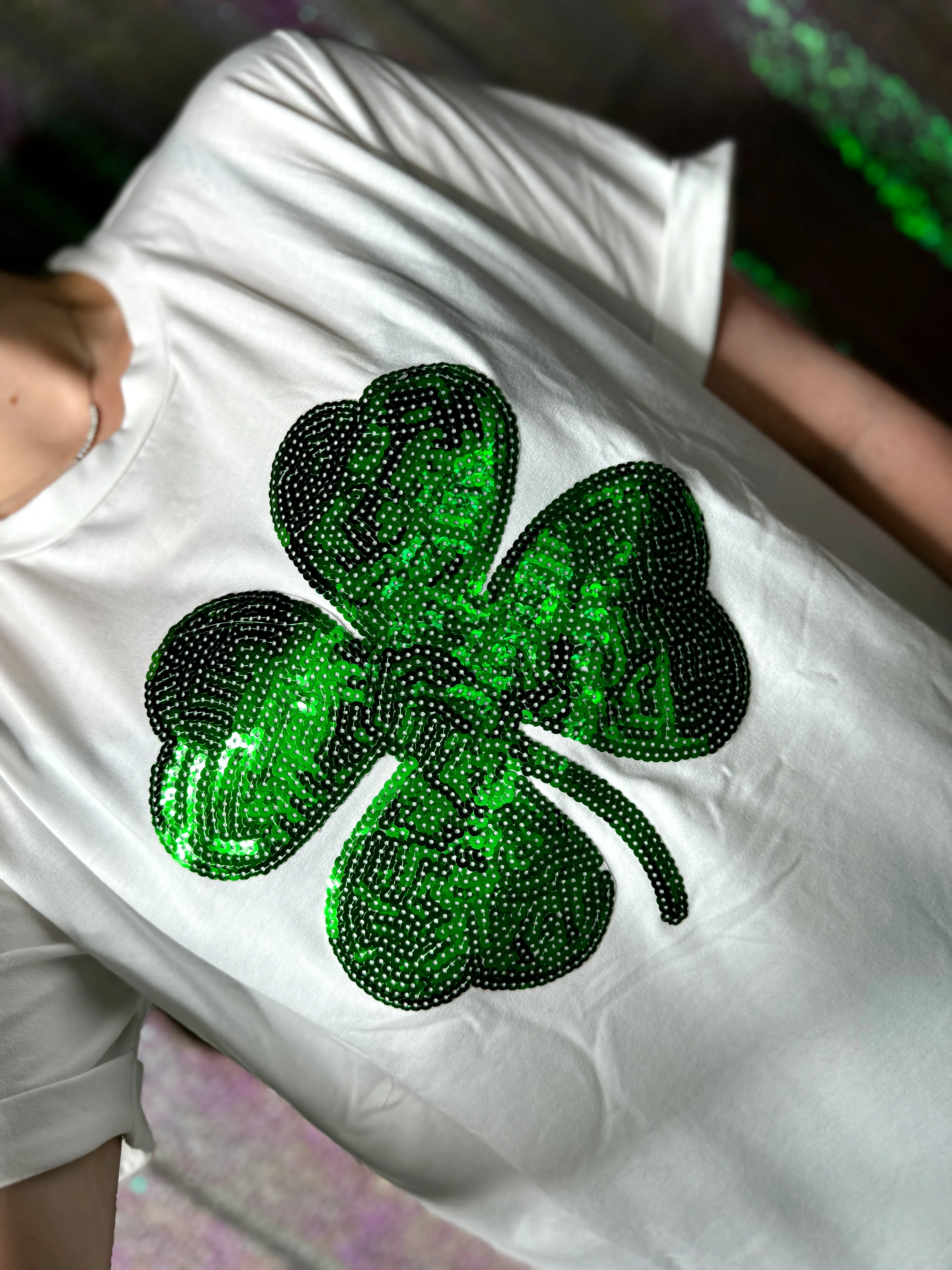 S-XXL White Shamrock Sequin Tees