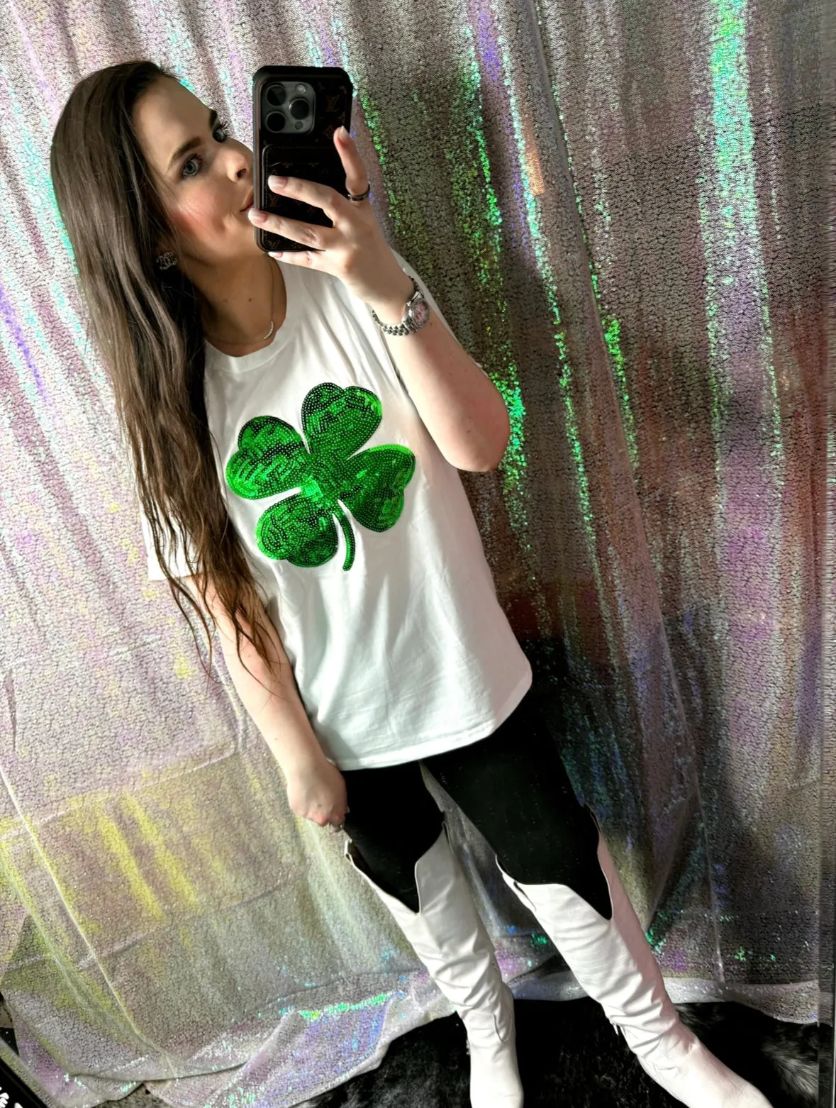 S-XXL White Shamrock Sequin Tees