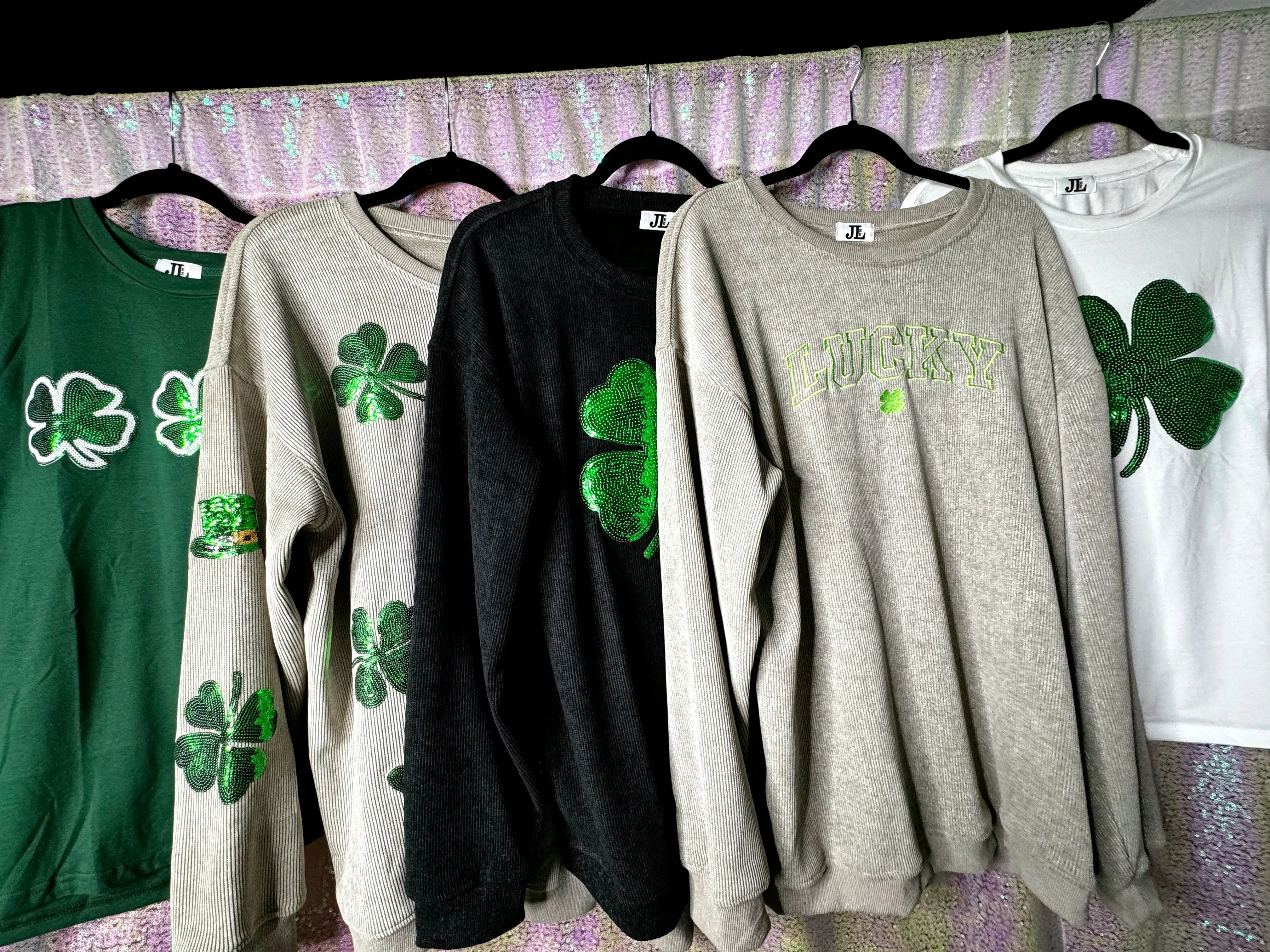 S-XXL White Shamrock Sequin Tees