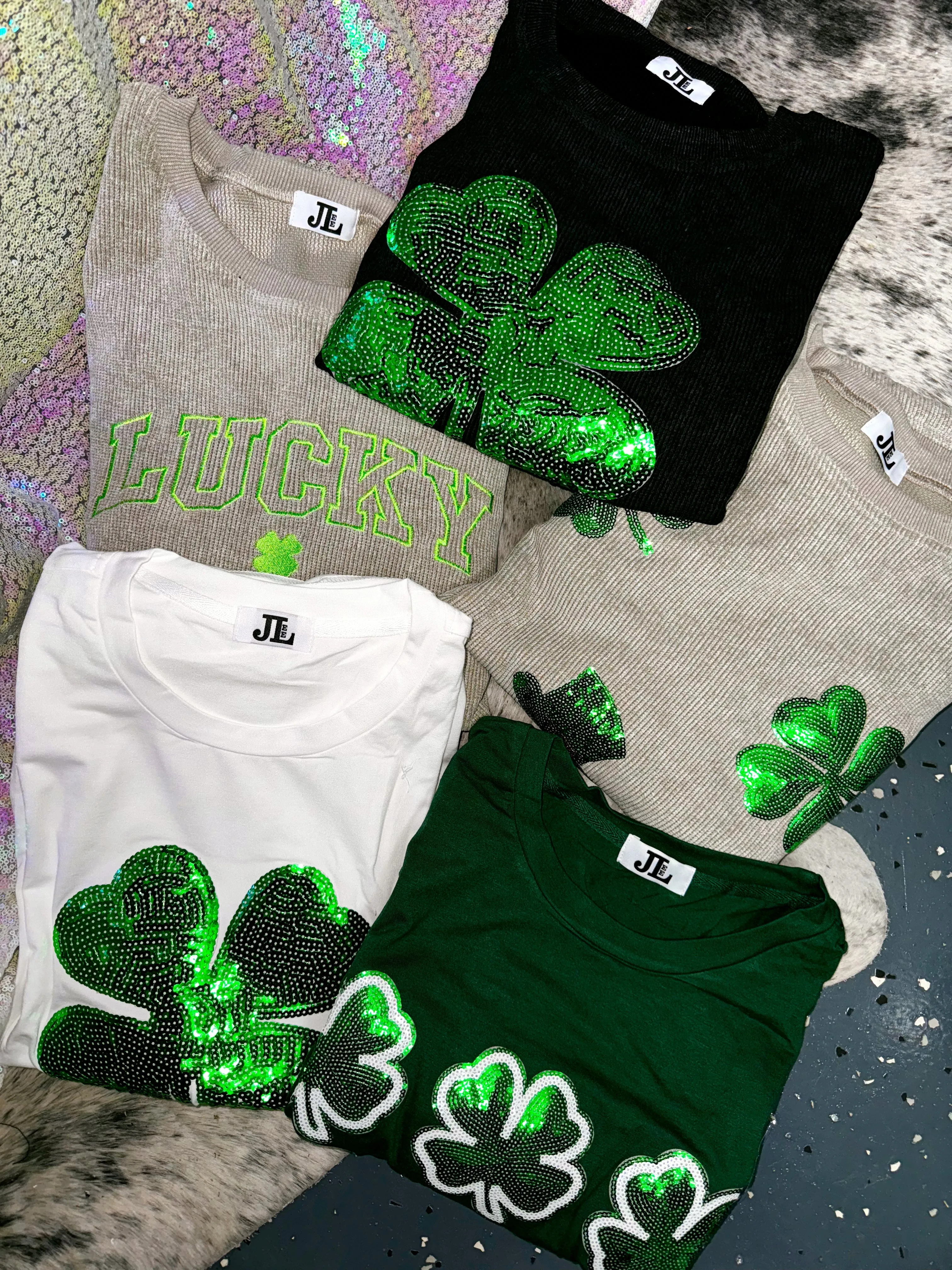 S-XXL White Shamrock Sequin Tees