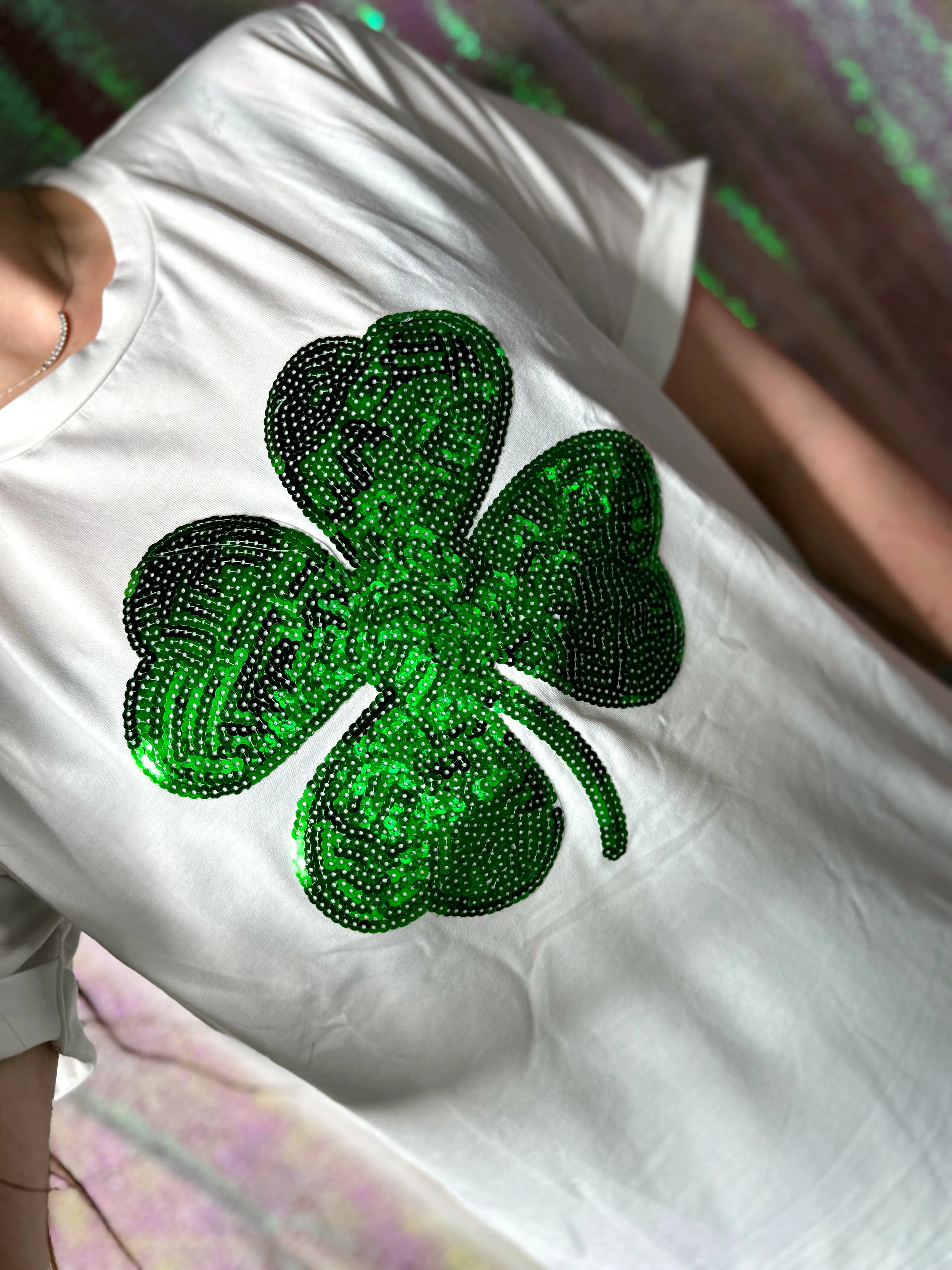 S-XXL White Shamrock Sequin Tees