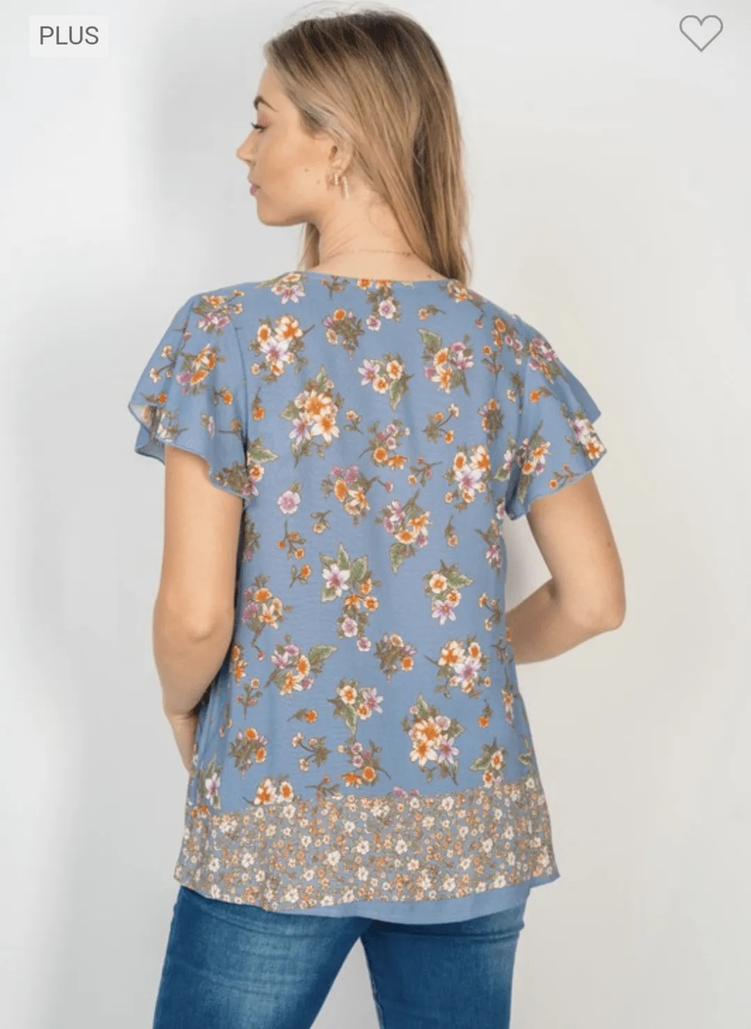 SALE- Frances Flutter Sleeve Vneck Top in Dusty Blue Florals