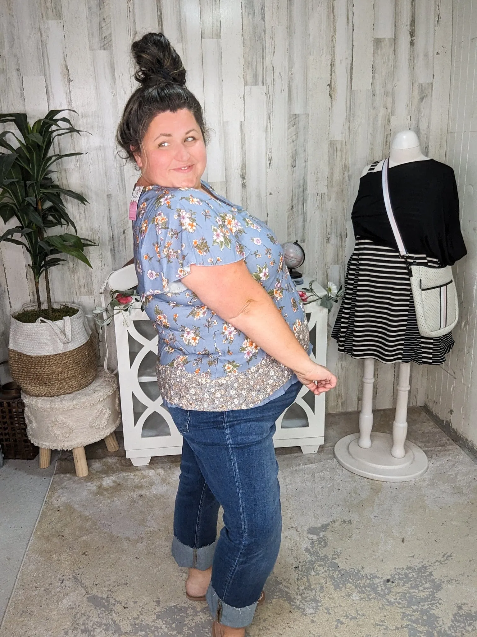 SALE- Frances Flutter Sleeve Vneck Top in Dusty Blue Florals