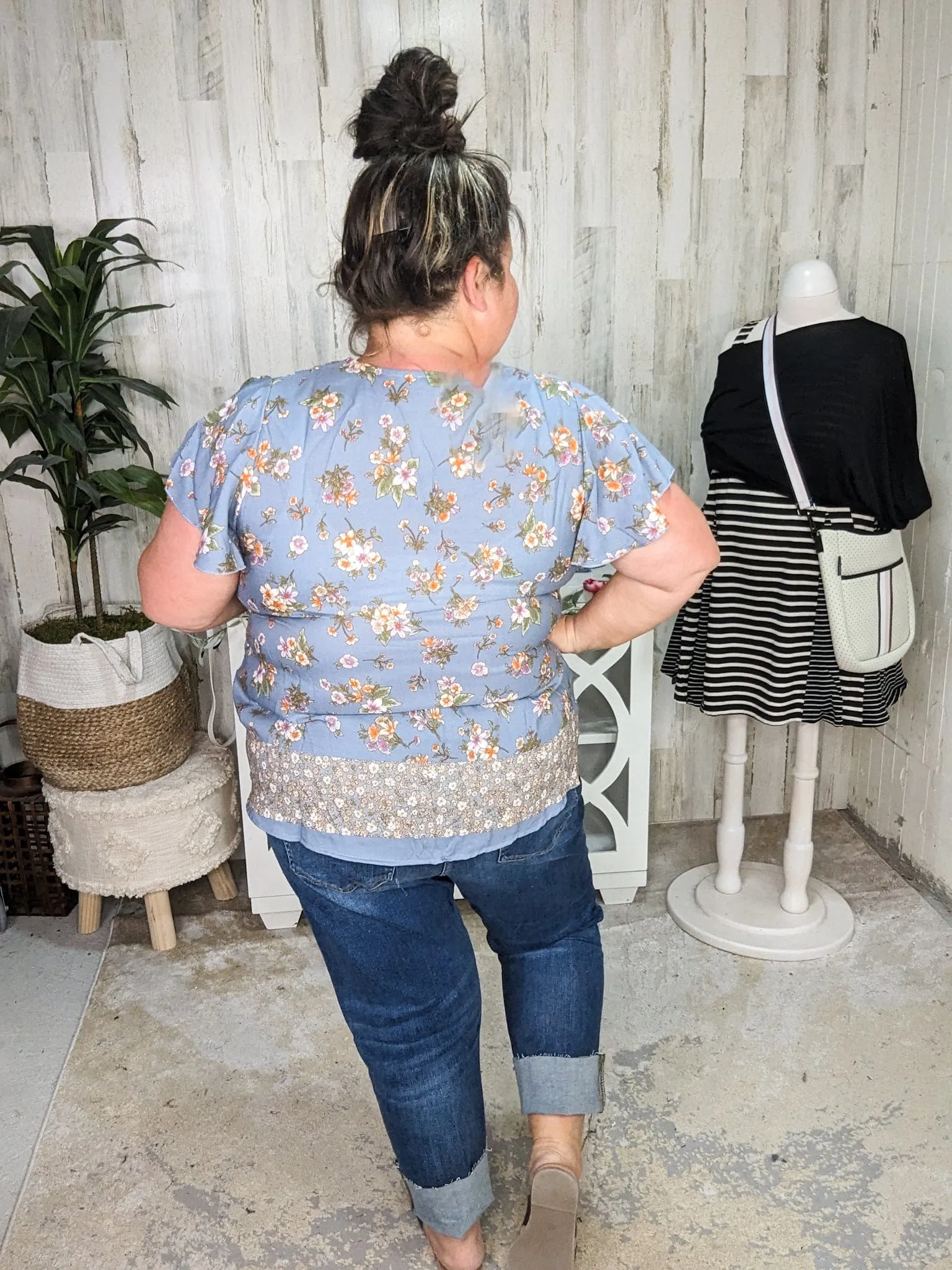 SALE- Frances Flutter Sleeve Vneck Top in Dusty Blue Florals