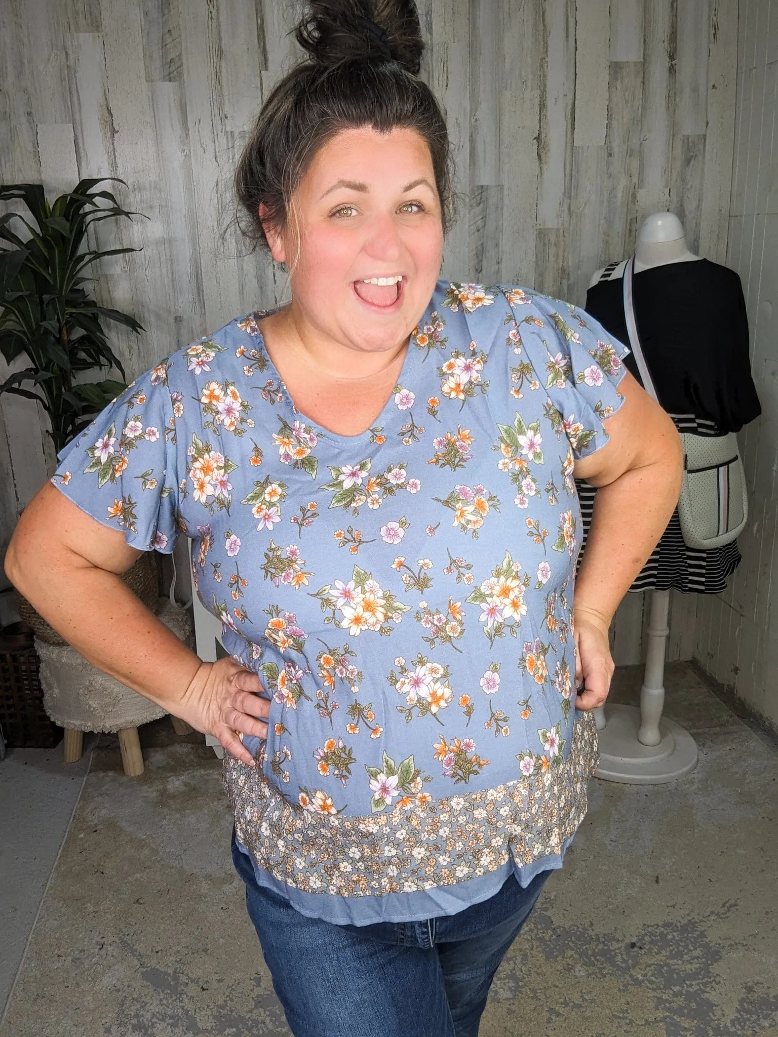 SALE- Frances Flutter Sleeve Vneck Top in Dusty Blue Florals