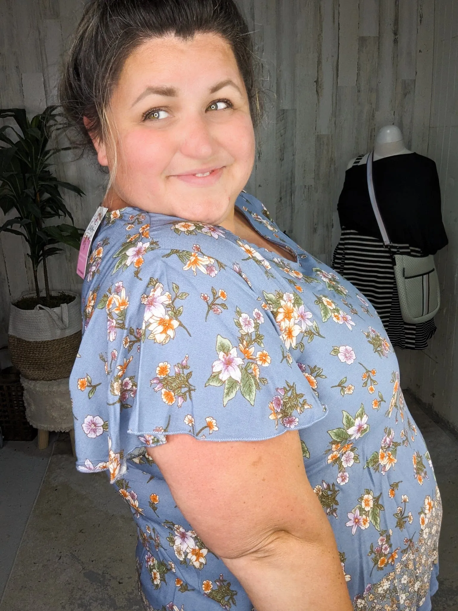 SALE- Frances Flutter Sleeve Vneck Top in Dusty Blue Florals