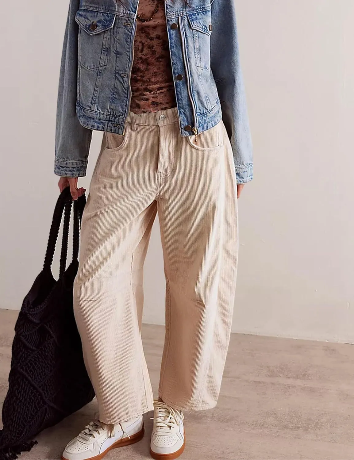 SeekMe Women's Corduroy Pants Barrel Mid-Rise Elastic Waist Cord Pants Casual Wide Leg Baggy Trouser with Pockets