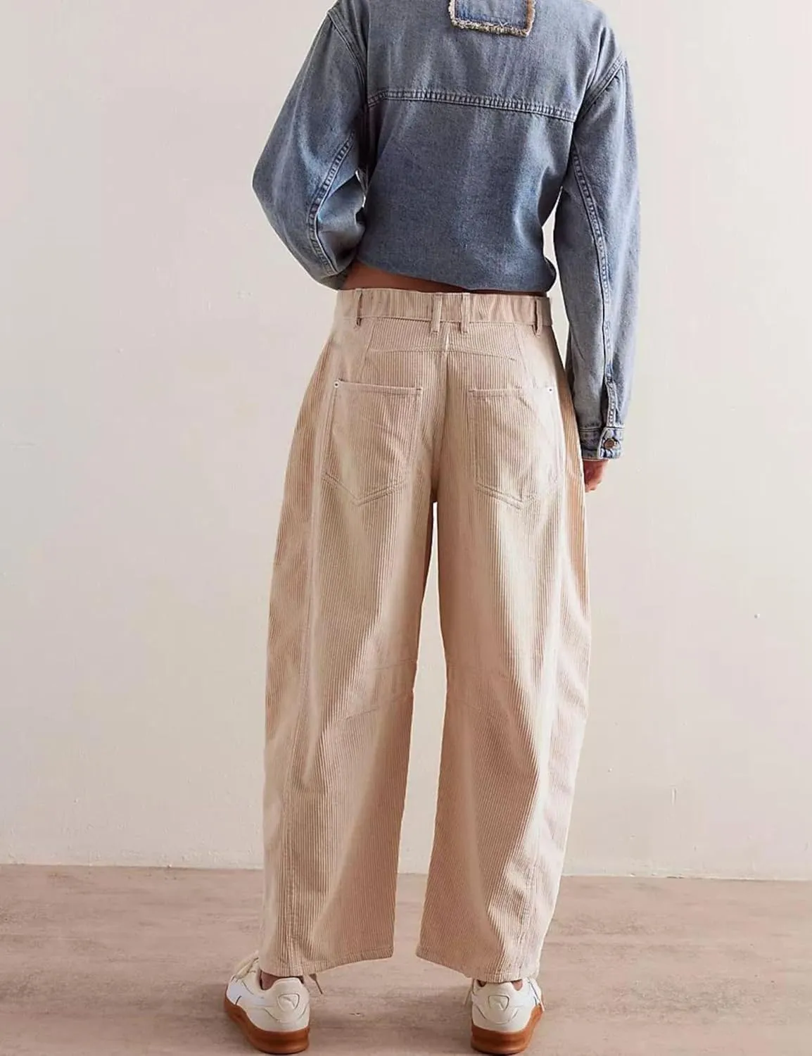 SeekMe Women's Corduroy Pants Barrel Mid-Rise Elastic Waist Cord Pants Casual Wide Leg Baggy Trouser with Pockets