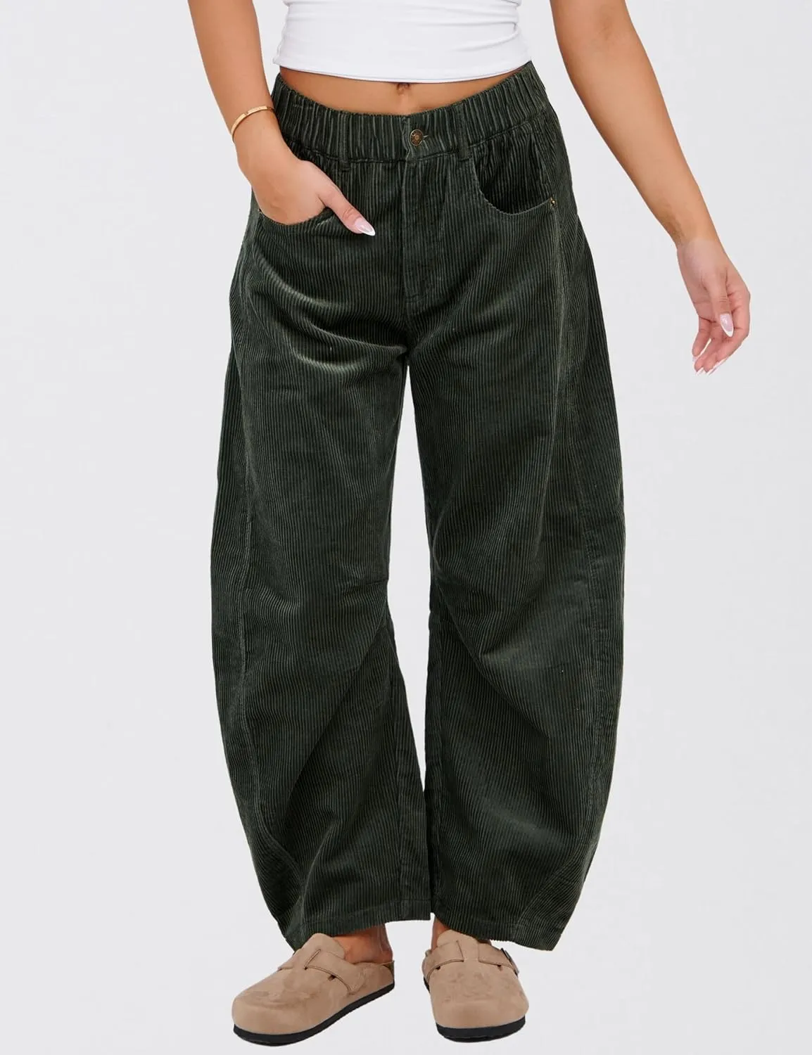 SeekMe Women's Corduroy Pants Barrel Mid-Rise Elastic Waist Cord Pants Casual Wide Leg Baggy Trouser with Pockets