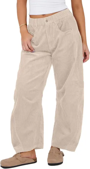 SeekMe Women's Corduroy Pants Barrel Mid-Rise Elastic Waist Cord Pants Casual Wide Leg Baggy Trouser with Pockets