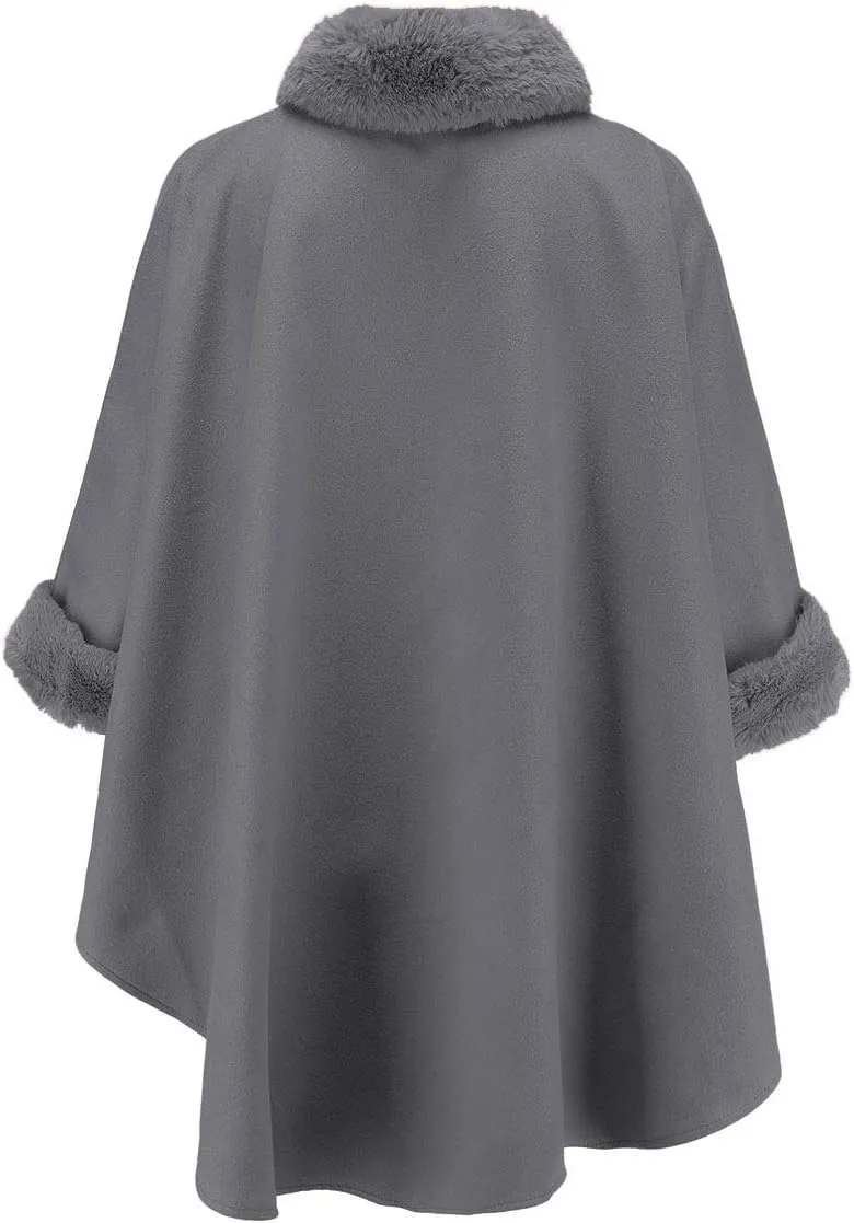SEMATOMALA Women's Winter Wool Blended Faux Fur Coats Warm Baggy Oversized Shawl Wraps Cloak Trench Coat Poncho Cape Outwear