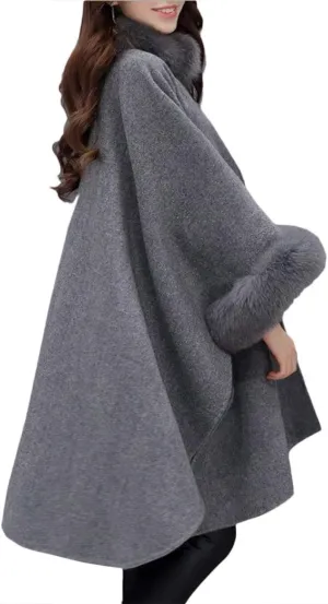 SEMATOMALA Women's Winter Wool Blended Faux Fur Coats Warm Baggy Oversized Shawl Wraps Cloak Trench Coat Poncho Cape Outwear