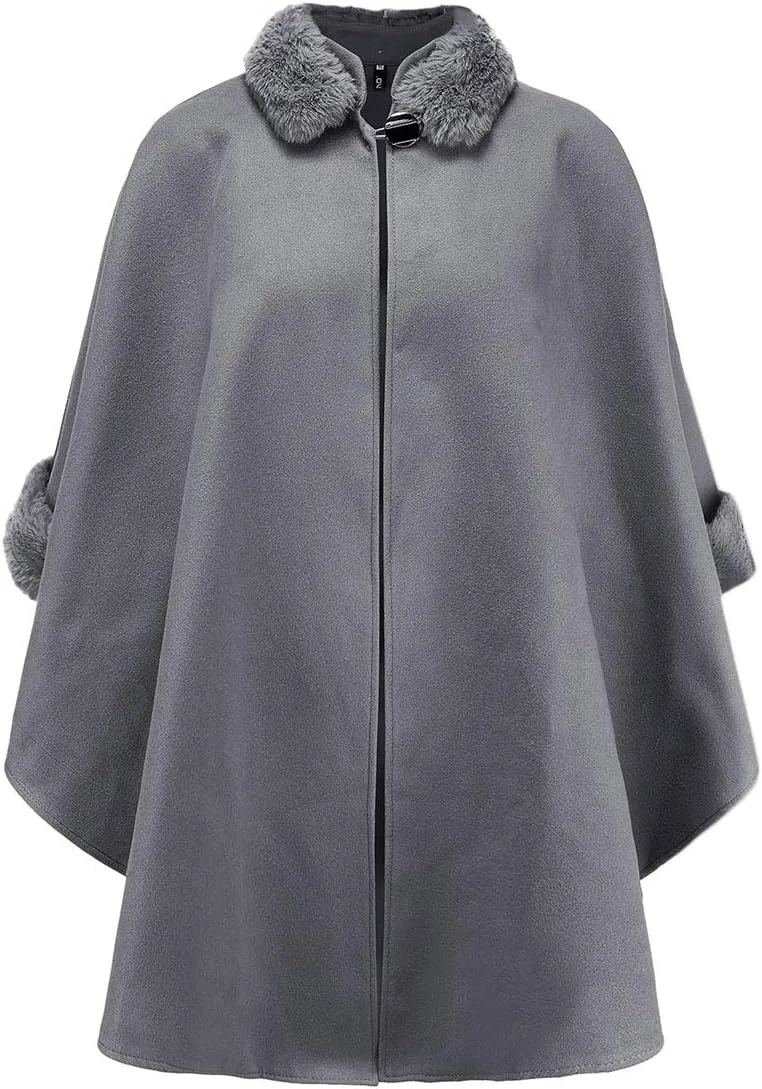 SEMATOMALA Women's Winter Wool Blended Faux Fur Coats Warm Baggy Oversized Shawl Wraps Cloak Trench Coat Poncho Cape Outwear