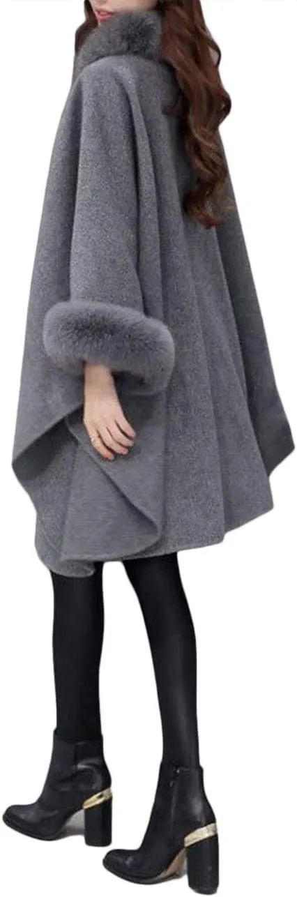 SEMATOMALA Women's Winter Wool Blended Faux Fur Coats Warm Baggy Oversized Shawl Wraps Cloak Trench Coat Poncho Cape Outwear