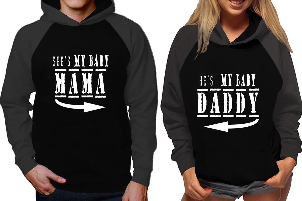 She's My Baby Mama & He's My Baby Daddy Couple Matching Raglan Hoodies – Comfortable Unisex Pullover | Sold Separately in Sizes & Colors