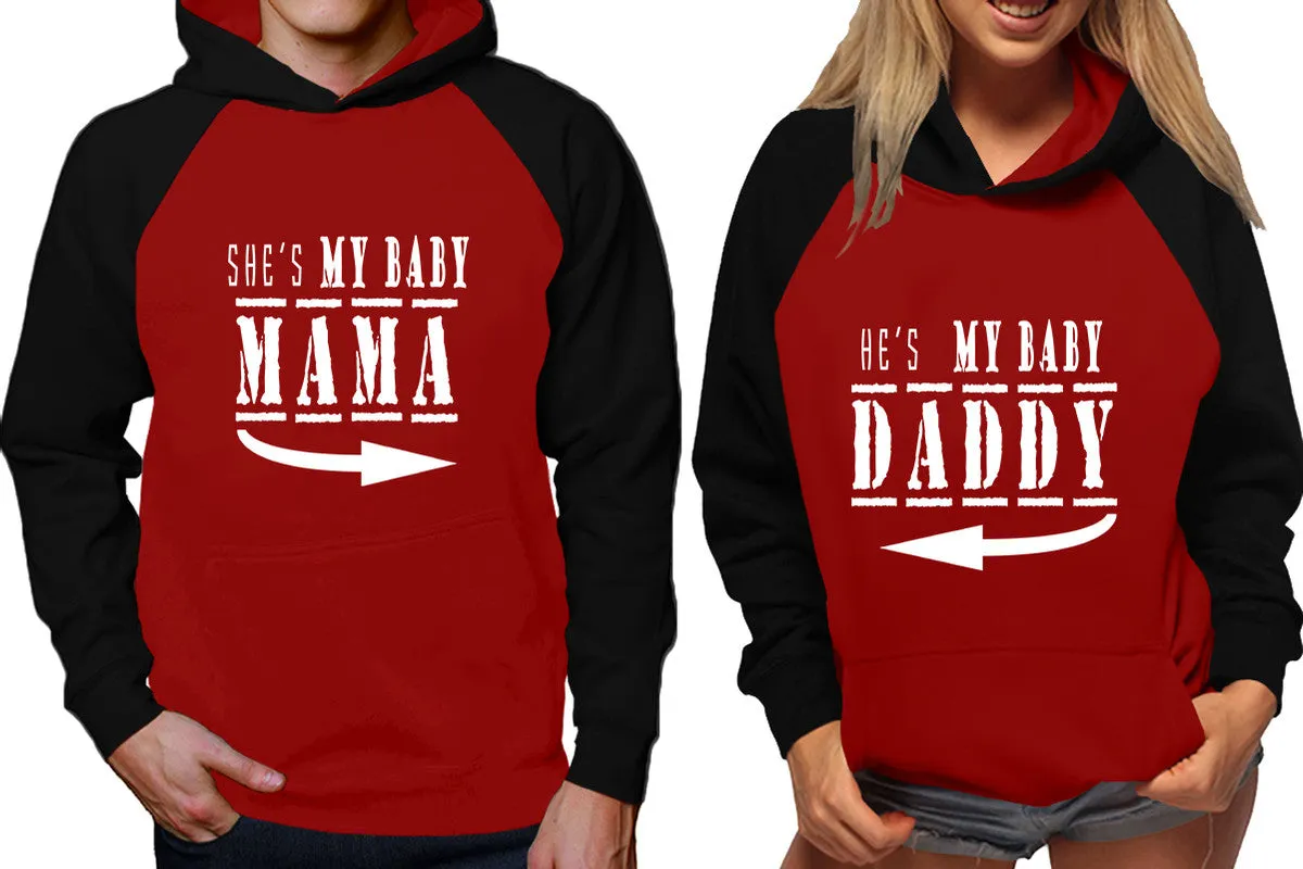 She's My Baby Mama & He's My Baby Daddy Couple Matching Raglan Hoodies – Comfortable Unisex Pullover | Sold Separately in Sizes & Colors