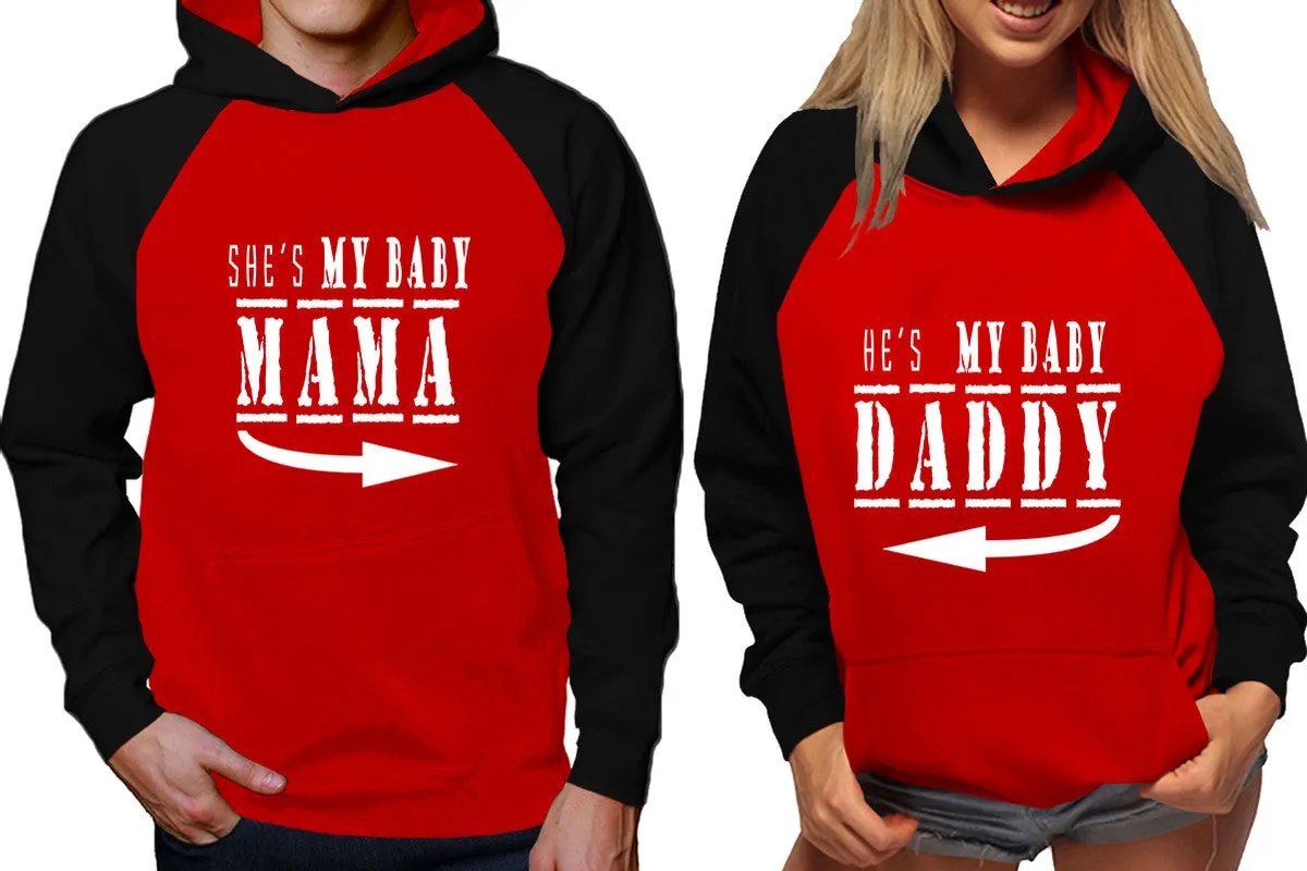 She's My Baby Mama & He's My Baby Daddy Couple Matching Raglan Hoodies – Comfortable Unisex Pullover | Sold Separately in Sizes & Colors