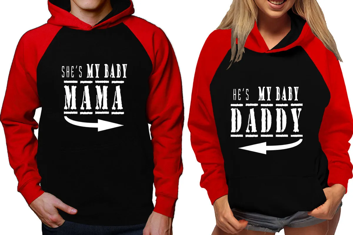 She's My Baby Mama & He's My Baby Daddy Couple Matching Raglan Hoodies – Comfortable Unisex Pullover | Sold Separately in Sizes & Colors