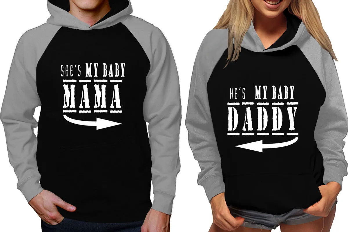 She's My Baby Mama & He's My Baby Daddy Couple Matching Raglan Hoodies – Comfortable Unisex Pullover | Sold Separately in Sizes & Colors