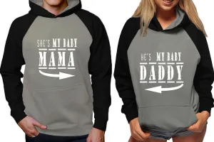 She's My Baby Mama & He's My Baby Daddy Couple Matching Raglan Hoodies – Comfortable Unisex Pullover | Sold Separately in Sizes & Colors