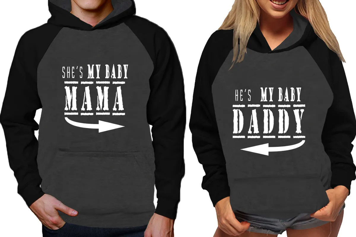 She's My Baby Mama & He's My Baby Daddy Couple Matching Raglan Hoodies – Comfortable Unisex Pullover | Sold Separately in Sizes & Colors