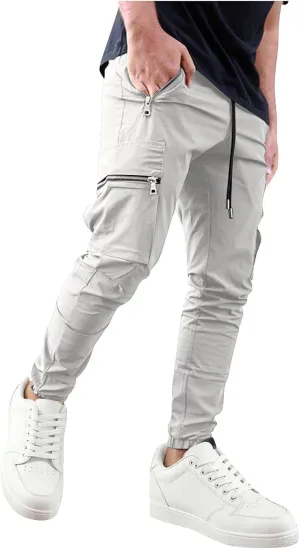 Sinzelimin Men Cargo Pants Fashion Drawstring Zipper Pockets Workwear Fishing Trouser Stretch Slim Fit Full Length Sweatpant