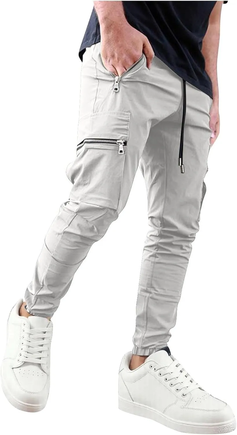 Sinzelimin Men Cargo Pants Fashion Drawstring Zipper Pockets Workwear Fishing Trouser Stretch Slim Fit Full Length Sweatpant